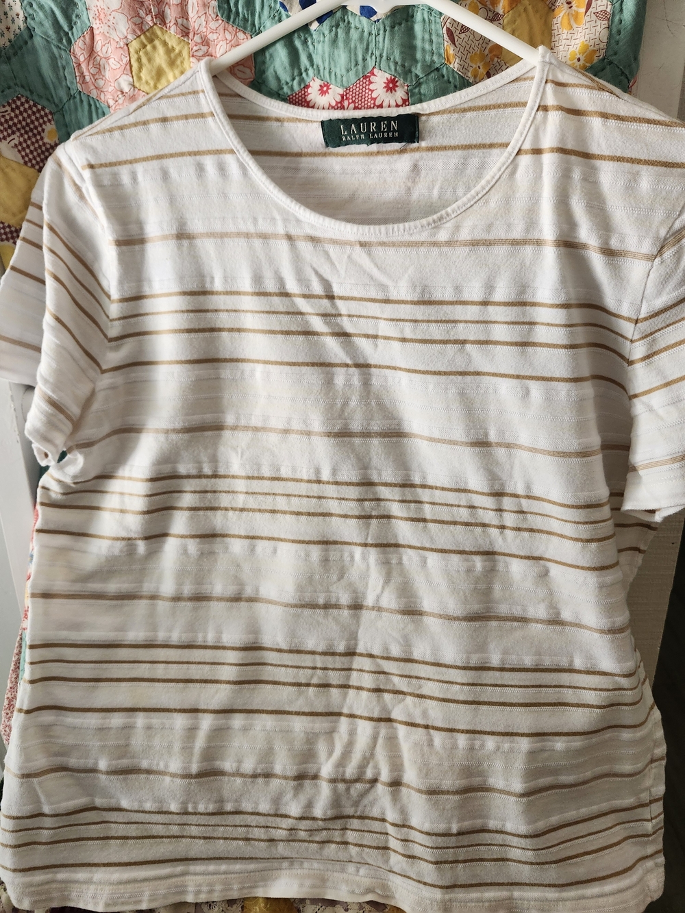 Lauren Ralph Lauren White and Tan Striped Short Sleeve Tee